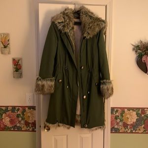 Fabulous Furs Olive green Hooded Faux Fur-Lined Knee-Length Storm Coat